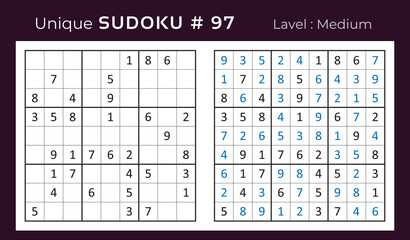 Vector sudoku puzzle with answer. Sudoku, number puzzle game with numbers for kids and adults.
