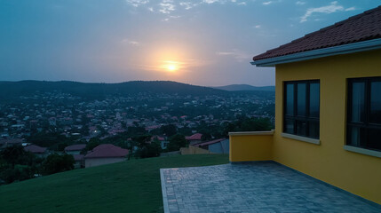 Fototapeta premium Scenic Sunset Over Hills and Homes from Modern Yellow House with Paved Patio