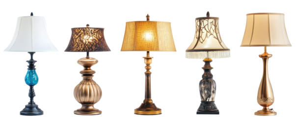 Collection of various decorative table lamps on transparent background