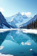 Frozen lake with snow-capped mountains in the background, lake, snow, serene