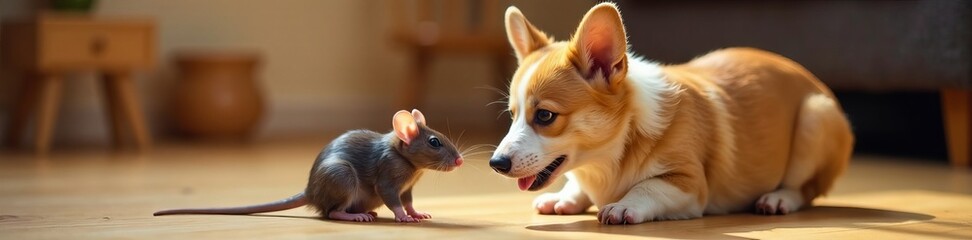 Obraz premium Funny corgi looking curiously at toy rat on wooden floor, flooring, rat toy, indoor