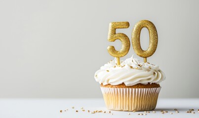 Adult or business 50th birthday cupcake, golden candles.