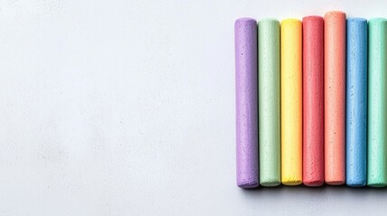 Colorful Pastel Chalk Sticks Arranged in a Row on a Textured White Surface with a Playful and Creative Atmosphere