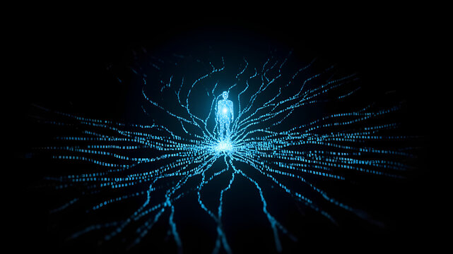 abstract fractal burst, Glowing code and neural network on black background, a continuous evolutionary path in the digital age, 300dpi