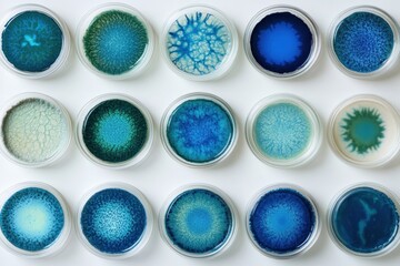 Twelve petri dishes with vibrant blue and teal liquid cultures. Illustrates scientific research, artistic abstract patterns, or medical analysis.