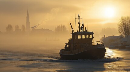Obraz premium Tugboat on a Misty Winter Morning