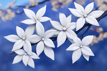 Elegant White Flowers on Branch Against Soft Blue Background in Blooming Spring Scene