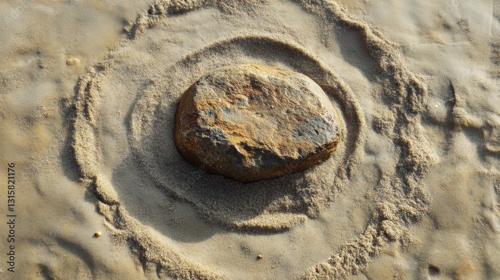 Leinwandbilder smooth stone at the center of concentric circles in sand represents stability and inner strength wit