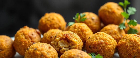 Golden-brown falafel balls, crispy exterior, soft interior, macro, snack
