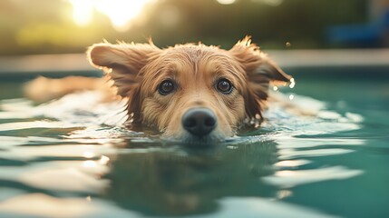 Brown Dog Swimming in Pool with Glowing Sunlight Reflections