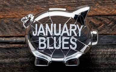 January blues, Broken piggy bank, January blues, wooden table