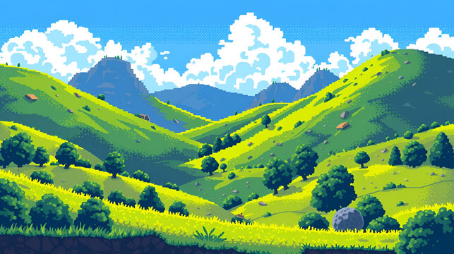 Naklejki 8-Bit Pixelated Landscape: Green Hills and Blue Sky for Gaming Posters and Ads