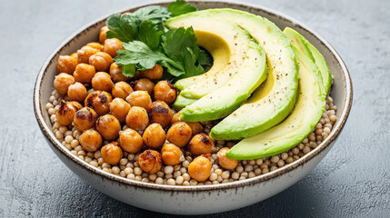 savory sorghum grain bowl with roasted chickpeas and avocado slices