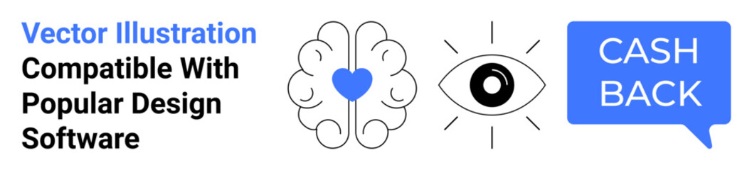 Brain icon with heart, open eye illustration, cashback message in speech bubble. Ideal for creativity, design, vision, financial concepts, strategy, innovation healthcare flat landing page banner