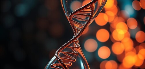 Intricate DNA helix woven through an hourglass, digital bokeh background, bokeh, light