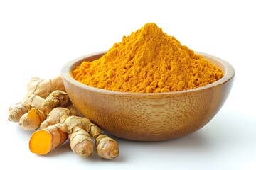 Turmeric powder bowl, roots, white background