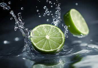 Fresh Lime Slices Falling Into Water with Splash Effect