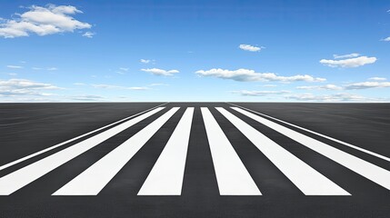 Vast Perspective of an Expansive Crosswalk against a Bright Blue Sky with Wispy Clouds in a Modern Urban Environment