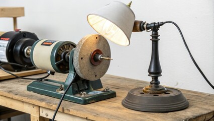 A close-up of the lamp next to a bench grinder, industrial, workbench, tool, spot light