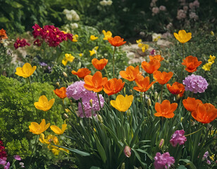 Obraz premium Colorful spring flowers bloom, and the field is full of bright flowers.
