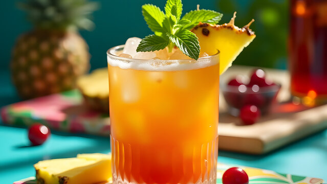 A Mai Tai cocktail with rum, orange liqueur, lime juice, and orgeat syrup, garnished with mint and pineapple. Presented on a tropical-themed surface with bright lighting for a lively, festive, and tro