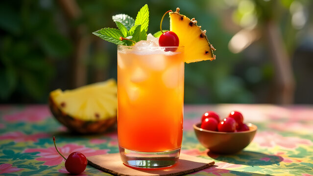 A Mai Tai cocktail with rum, orange liqueur, lime juice, and orgeat syrup, garnished with mint and pineapple. Presented on a tropical-themed surface with bright lighting for a lively, festive, and tro