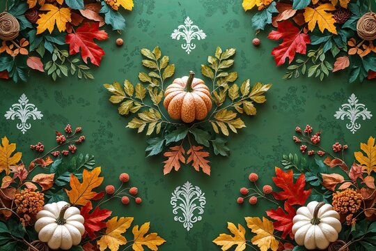 Rustic Green Background Featuring Autumn Foliage and Classic Motifs