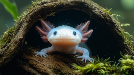 Colorful axolotl emerging from a moss-covered log in a serene underwater habitat during daylight hours