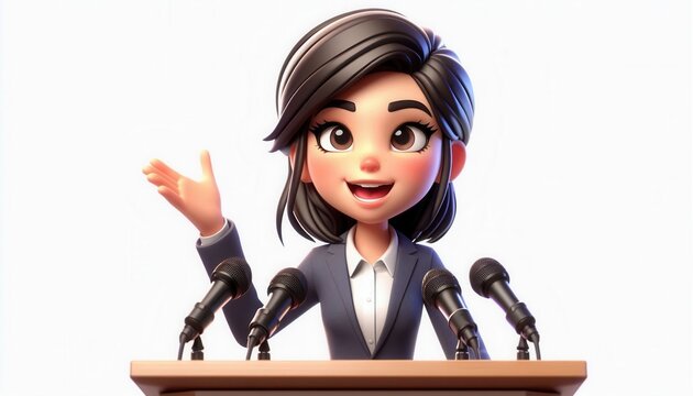 Engaging public speaking event conference hall animated character professional setting front view