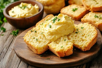 Freshly Baked Cornbread Slices with Butter and Fresh Herbs