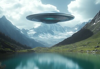 Fototapeta premium Large Metallic Flying Saucer Hovering Above Alpine Landscape