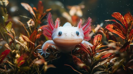 Colorful axolotl resting among aquatic plants in a serene underwater habitat