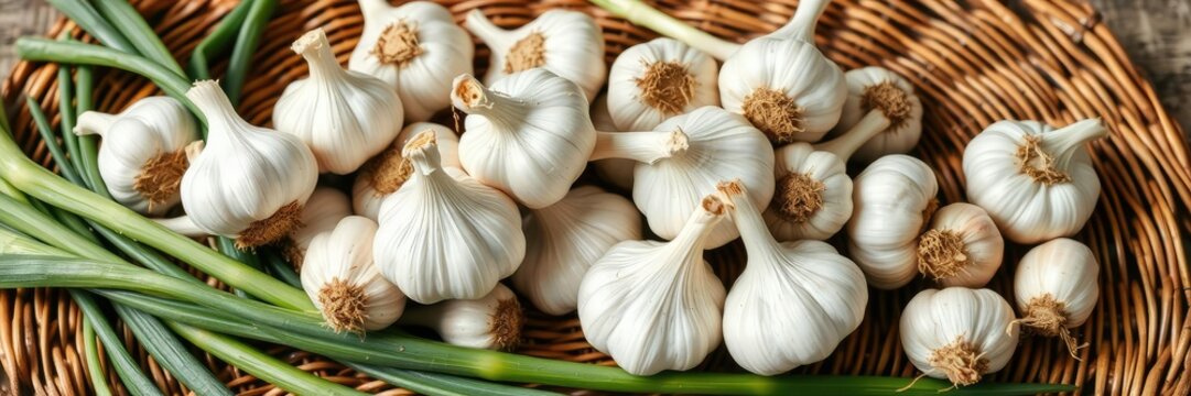 A collection of garlic bulbs and green onion stems arranged in a loose organic pattern on a woven basket tablecloth, bohemian accents, green onions, vegetable arrangement