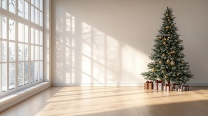 Fototapeta premium Minimalist Christmas room, sunlit tree & gifts. Perfect for holiday cards, blogs, or websites needing a clean festive feel.