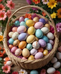 Naklejka premium A colorful assortment of Easter eggs stacked inside a large woven basket, placed against a vibrant floral backdrop , decorative item, floral arrangement, wicker basket