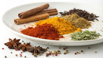 A colorful assortment of dried spices and herbs spilled out onto a plain white plate with a few loose cinnamon sticks, decorative accents, ingredient arrangement