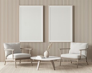 Two white armchairs and a round coffee table with books in a beige interior with two blank frames