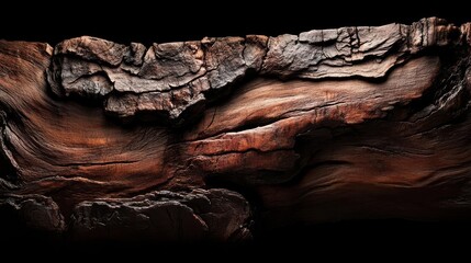Close-up of a textured, weathered wooden log against a black background showcasing natural patterns