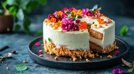 Deliciously decorated hummingbird cake kitchen table dessert photography cozy atmosphere close-up view culinary delight