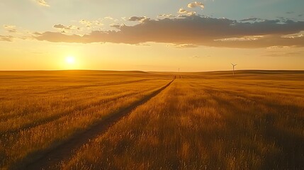 Obraz premium Golden sunset over a vast, golden field with a winding dirt road leading to wind turbines in the distance