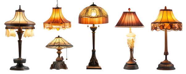 Collection of various decorative table lamps on transparent background