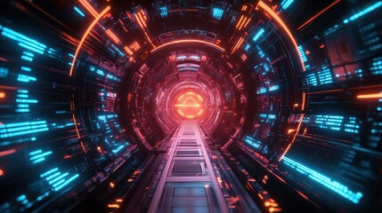 Neon-lit futuristic tunnel with glowing orange and blue lines. Ideal for sci-fi, technology, or virtual reality projects, conveying a sense of speed and innovation.