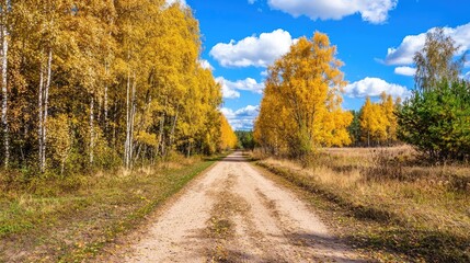 Fototapeta premium Autumn Road Surrounded by Vibrant Yellow and Orange Trees Under a Blue Sky with White Clouds in a Peaceful Countryside Landscape