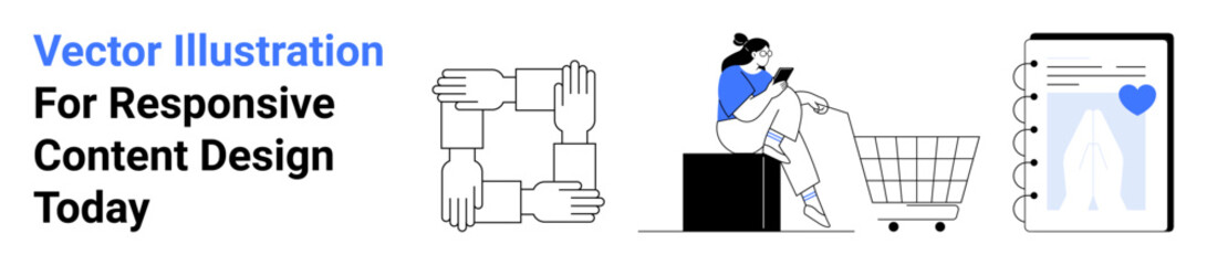 Connected hands symbolizing teamwork, woman using smartphone near shopping cart, mobile app interface with heart icon. Ideal for digital design, e-commerce, collaboration themes, social media, UIUX