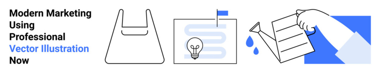 Reusable bag, blueprint with lightbulb idea, and recycling water emphasize eco-conscious practices. Ideal for sustainability, creativity, eco-products, innovation, environmental education, waste