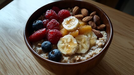 Bowl of oatmeal topped with fresh fruits and nuts on a wooden table
