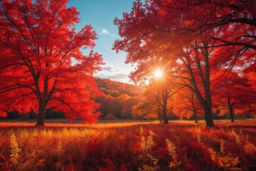 Stunning Autumn Landscape with Red Trees and Radiant Sunshine in Colorful Fall Scenery