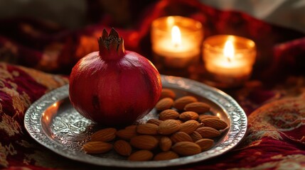 A pomegranate on a silver tray with almonds and dried fruits, symbolizing abundance and renewal in Nowruz traditions.
