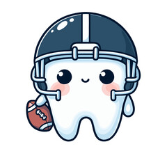 Adorable tooth football player wearing helmet and holding ball vector illustration. Ideal for sports dentistry promotions and engaging youth in dental health care.