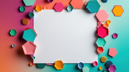 Vibrant Colorful Paper Hexagons Surrounding Blank White Paper Canvas